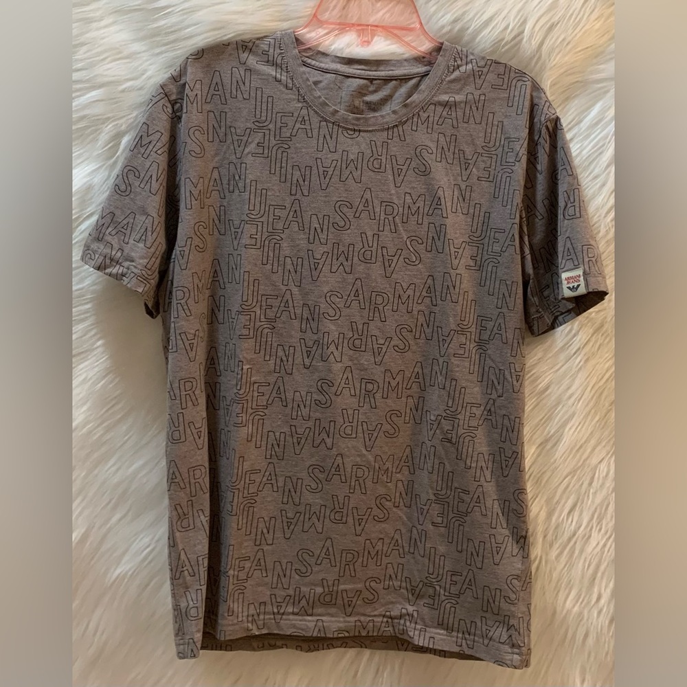 Armani Jeans men’s Shirt Beige with all over Brand Logo image Large